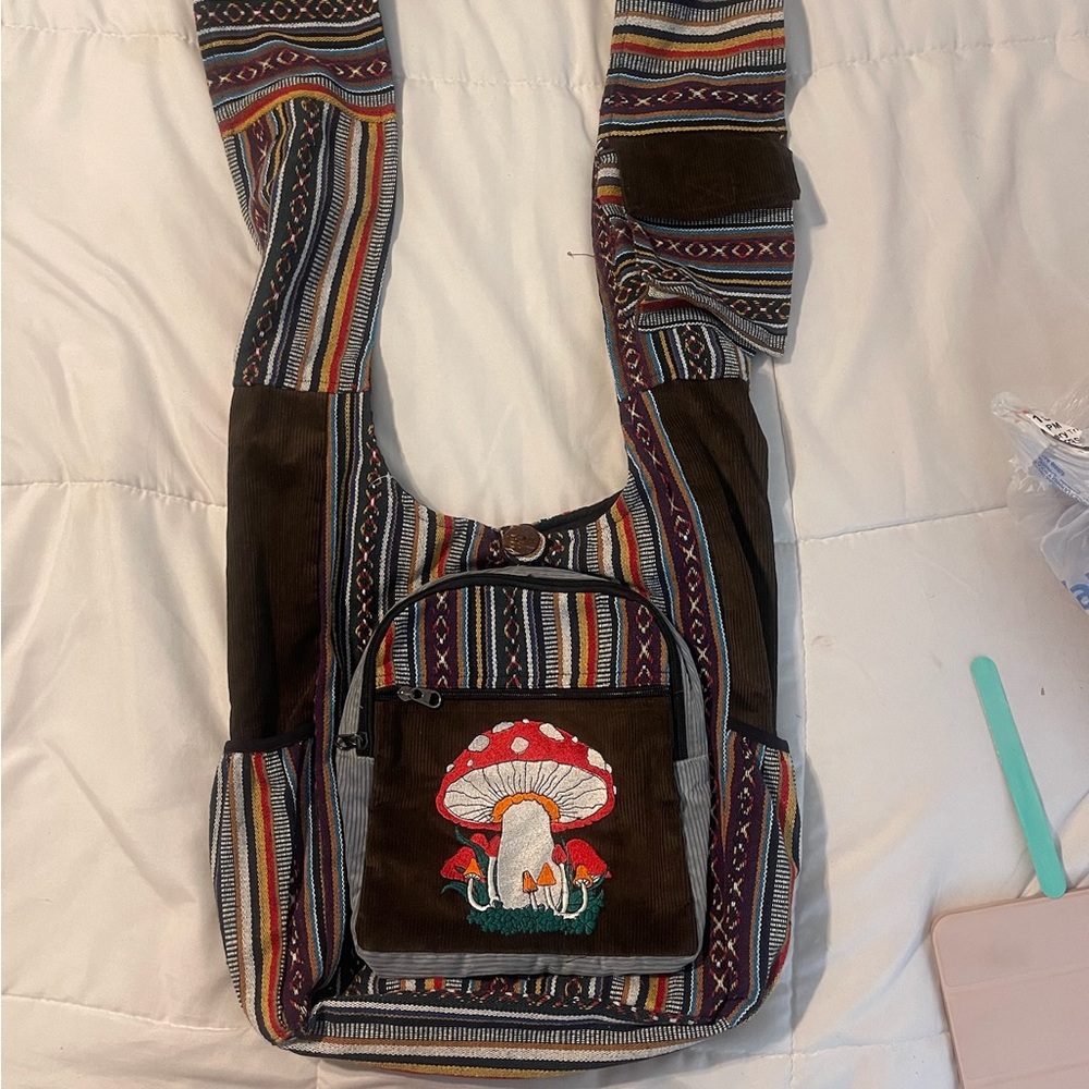 Corduroy Mushroom Embroidered Boho Crossbody Sling Bag